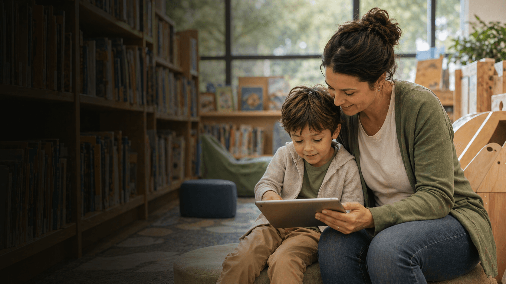Parent and toddler reading together at a public library children's section in the US