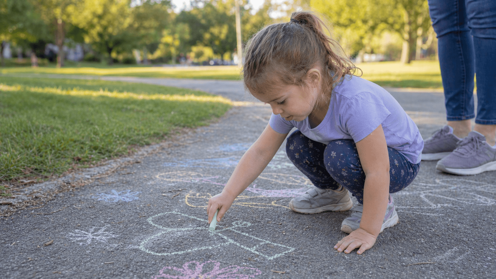 Young preschooler drawing with chalk on a path at the park as a calm end-of-outing activity