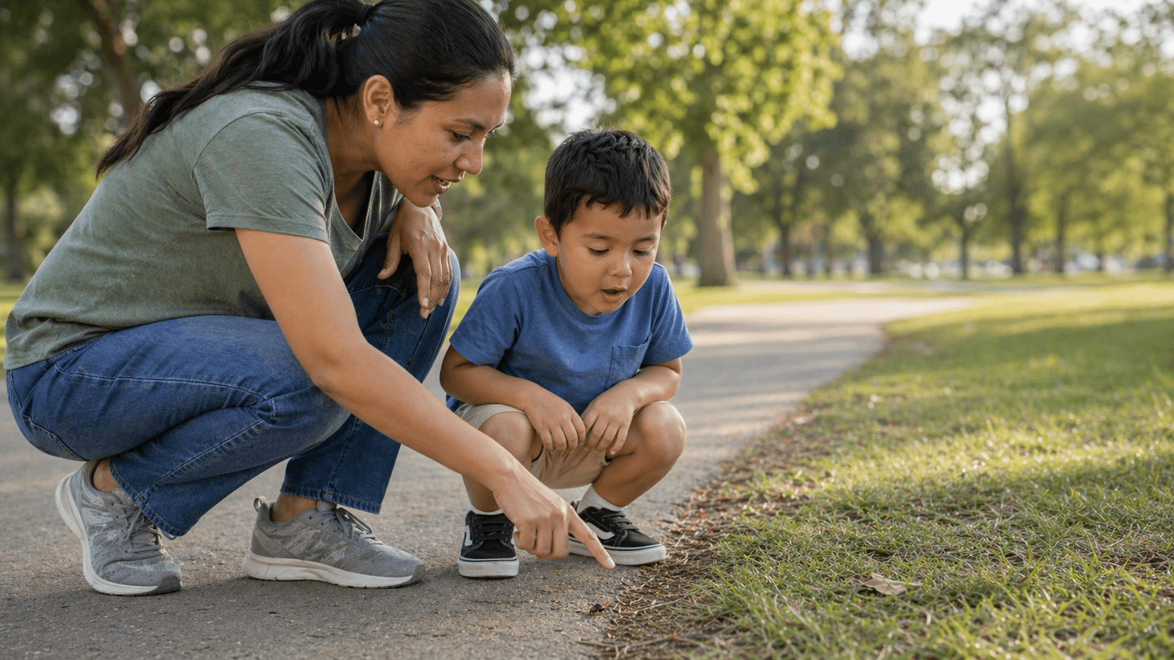 Parent and preschooler discovering nature together on a park path in the US