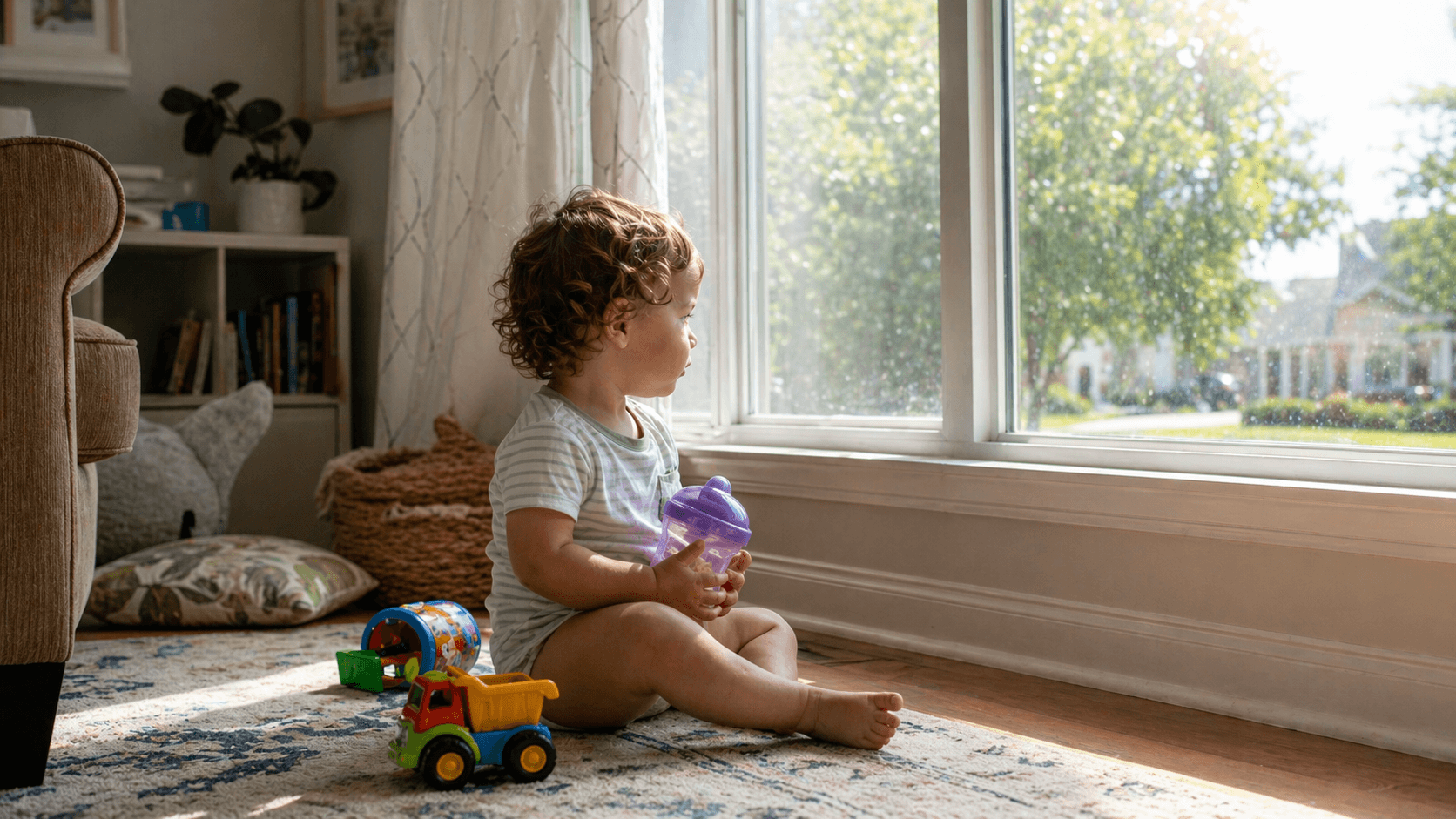 Toddler sitting indoors near a bright sunny window on a hot summer day in the US