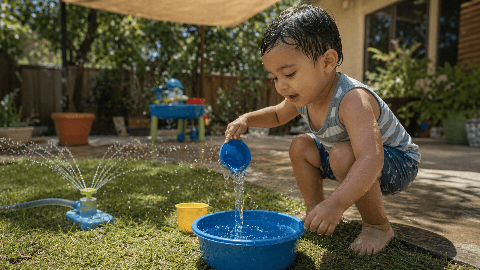 Toddler playing with water in a shaded backyard on a hot summer day