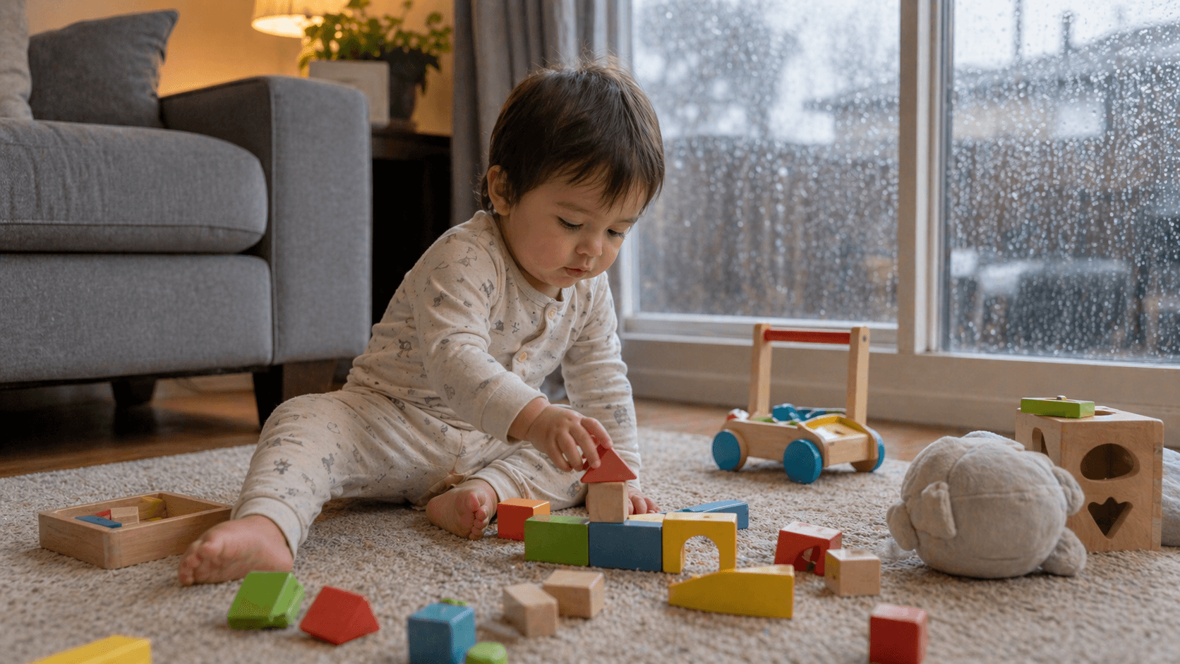 Toddler playing with toys at home on a rainy day with gray light from the window