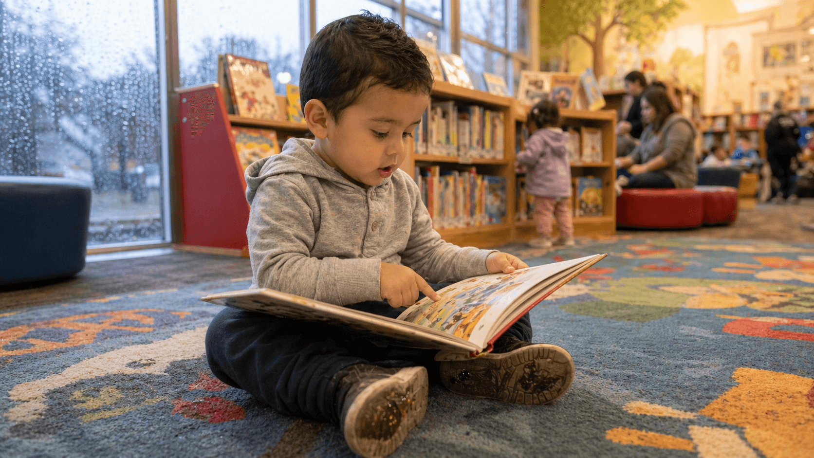 Toddler sitting on library floor reading a picture book on a rainy day