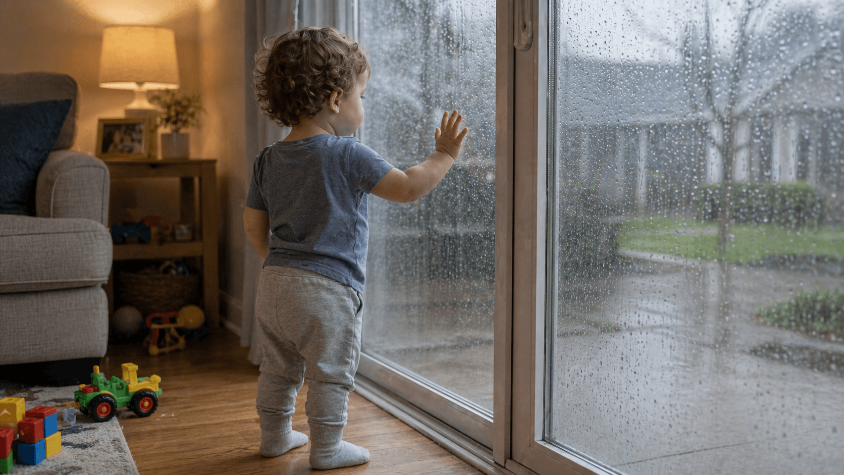 Toddler looking out the window at rain with hand pressed against the glass