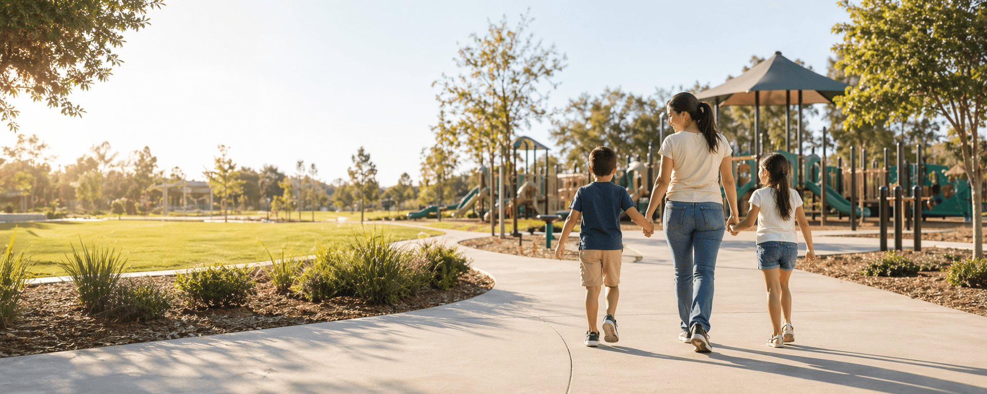 Parent with two young kids enjoying a free afternoon at a local community park
