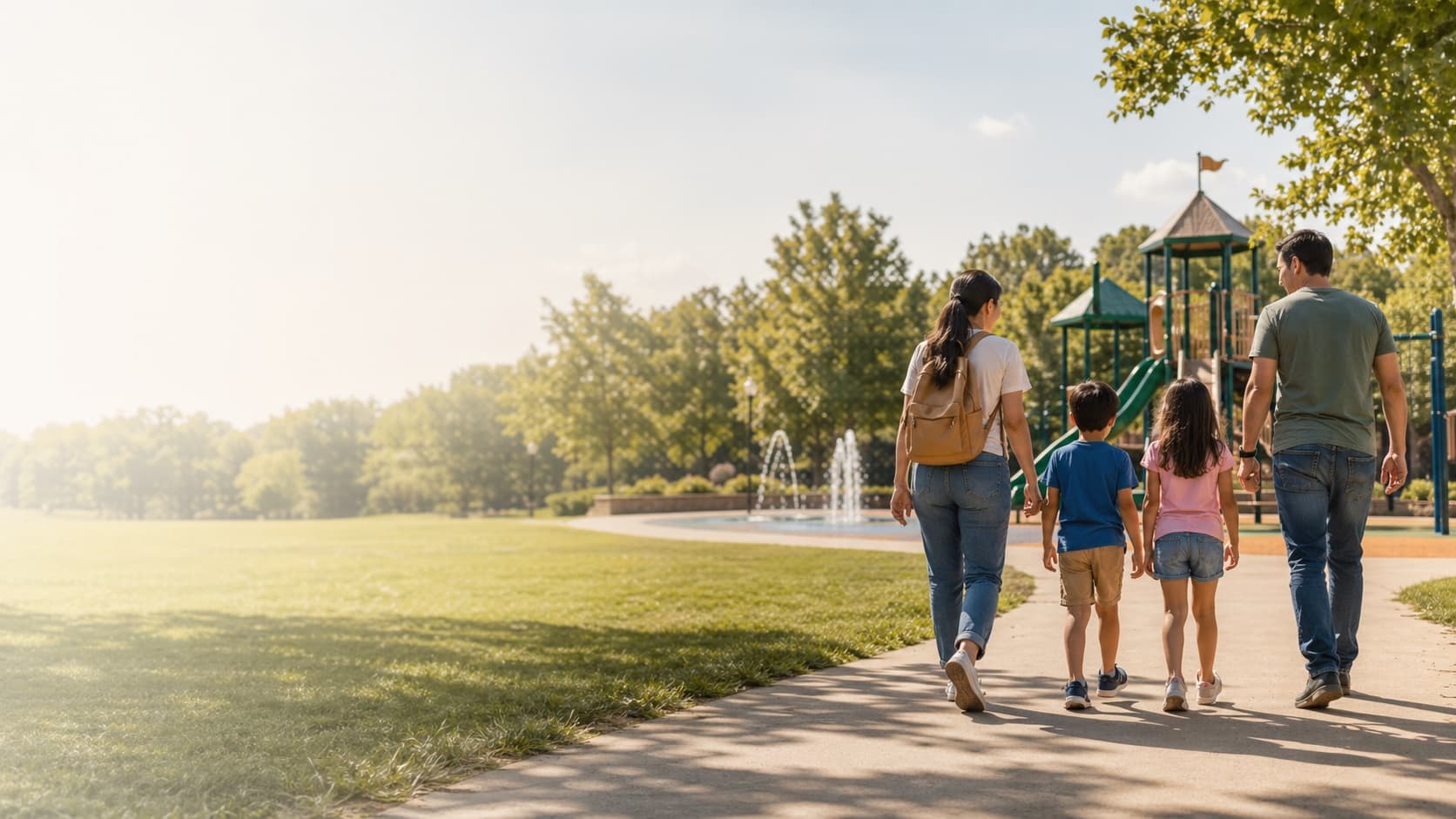 Family walking toward a neighborhood playground