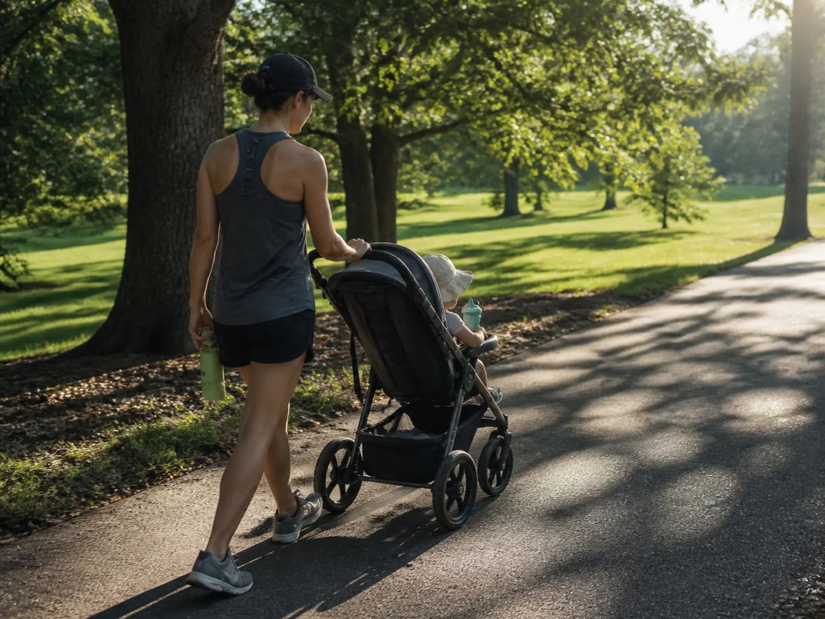 Parent pushing a toddler in a stroller along a shaded early-morning park path