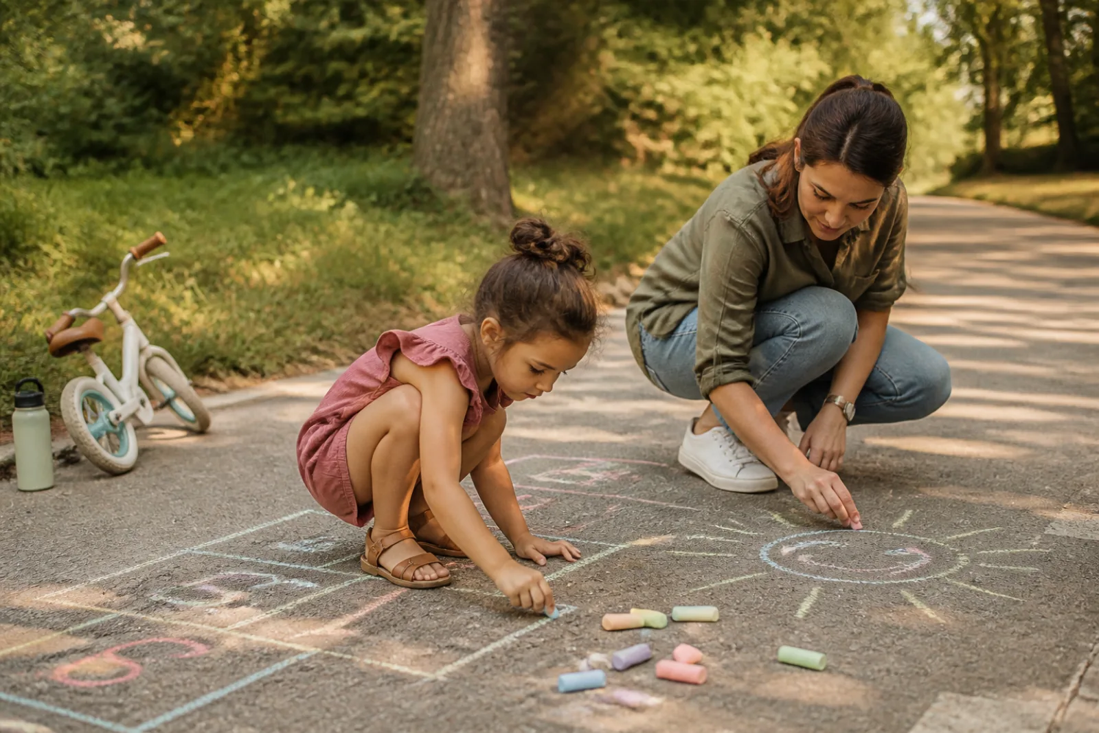 Five-year-old and caregiver making chalk games on a quiet park path