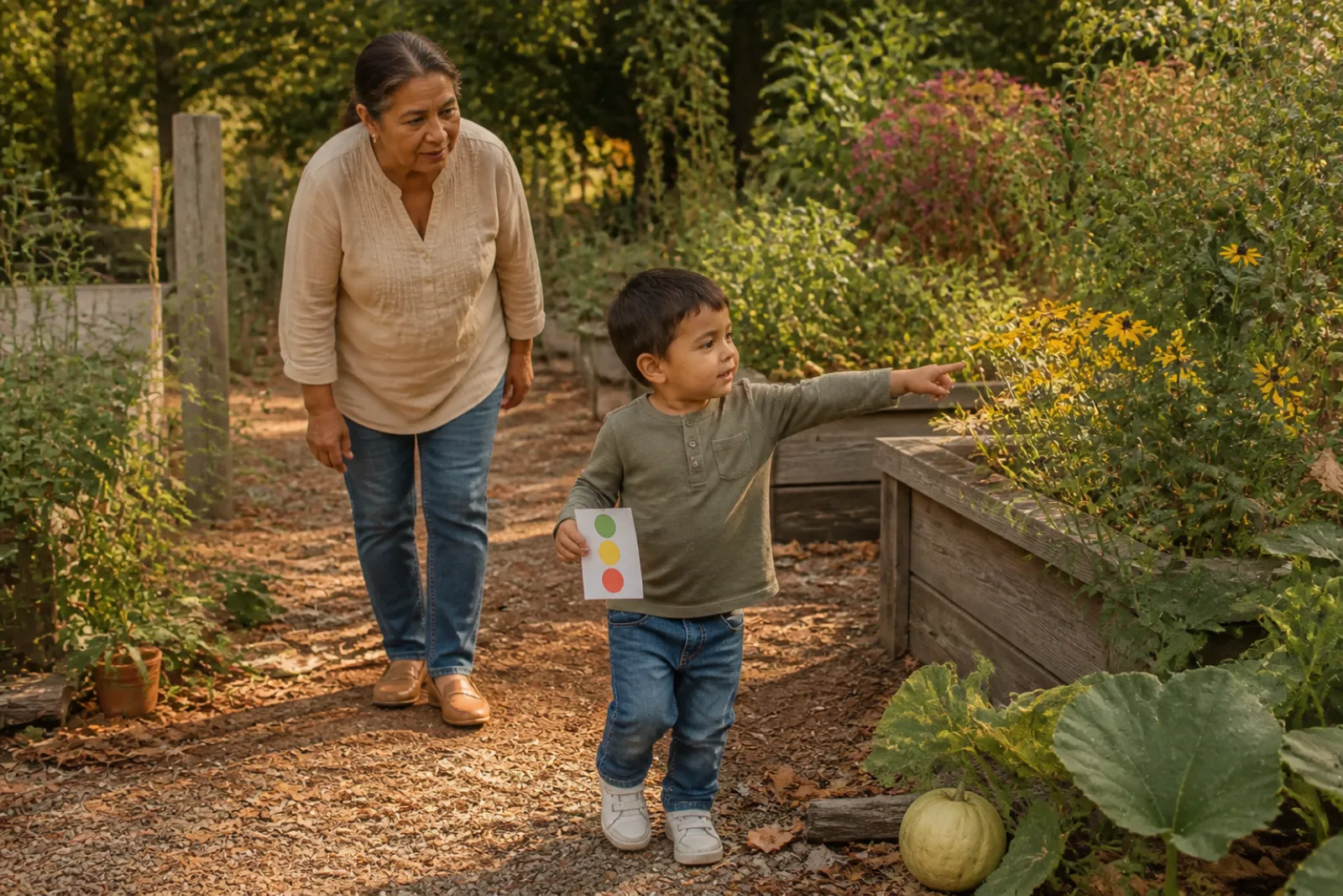 Grandmother following her three-year-old grandson on a color-finding walk through a community garden