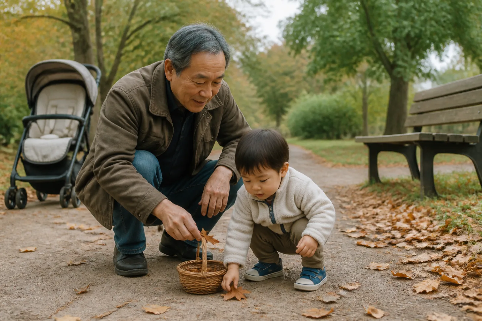 Grandfather and two-year-old collecting leaves on an easy stroller-friendly nature path