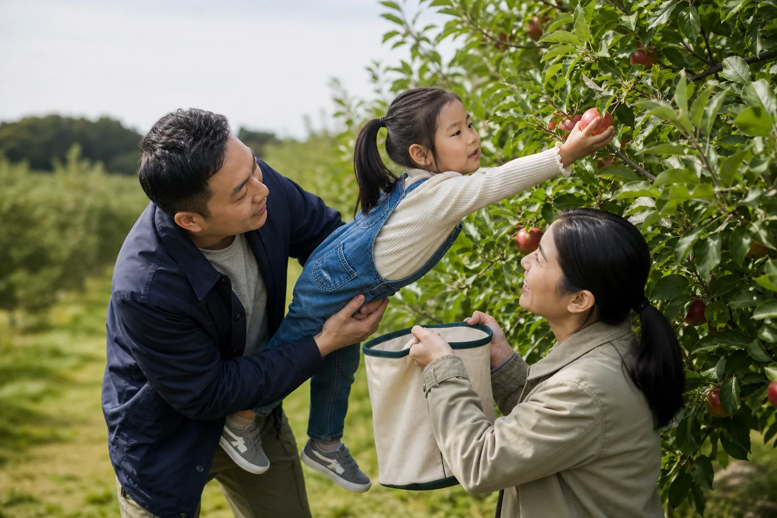 Asian American mother and father helping their young daughter pick apples in a United States orchard