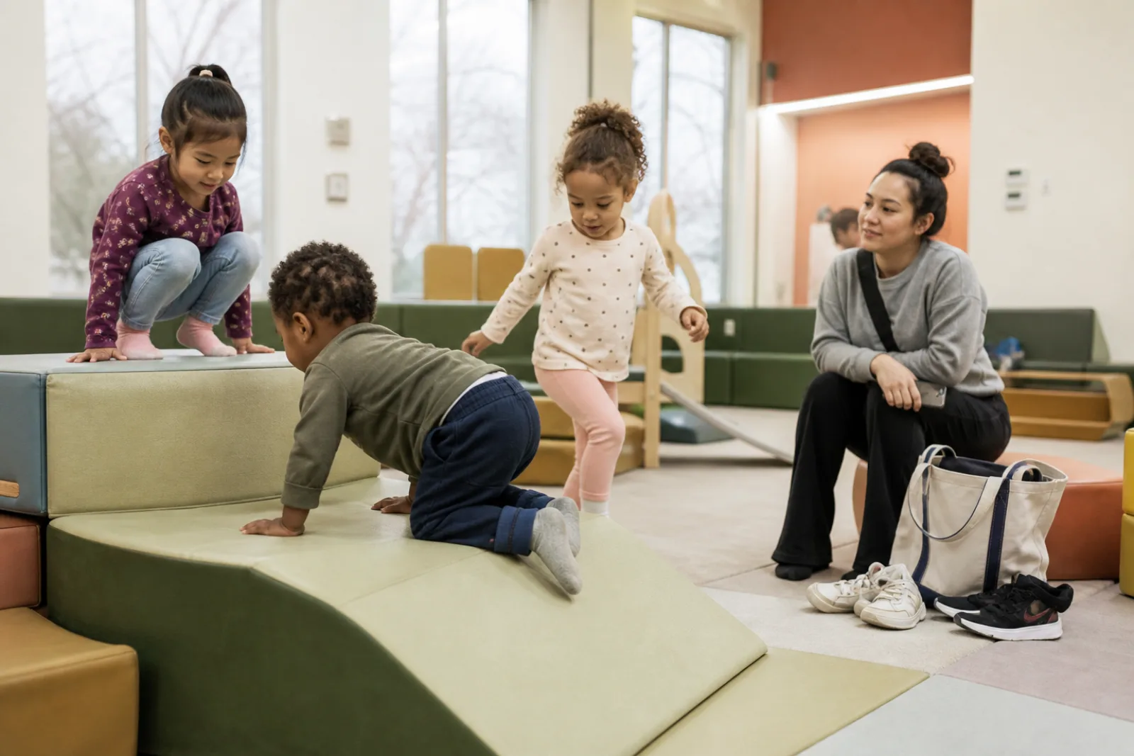 Young children using a modest soft-play corner in a public community center