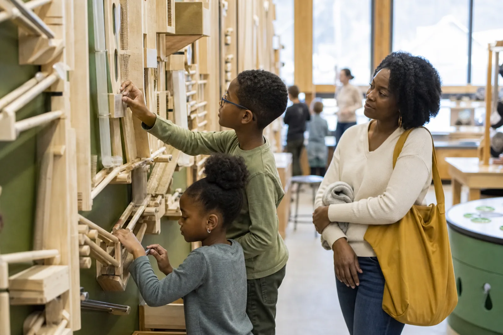 Mother watching two children explore a hands-on activity in a community science room