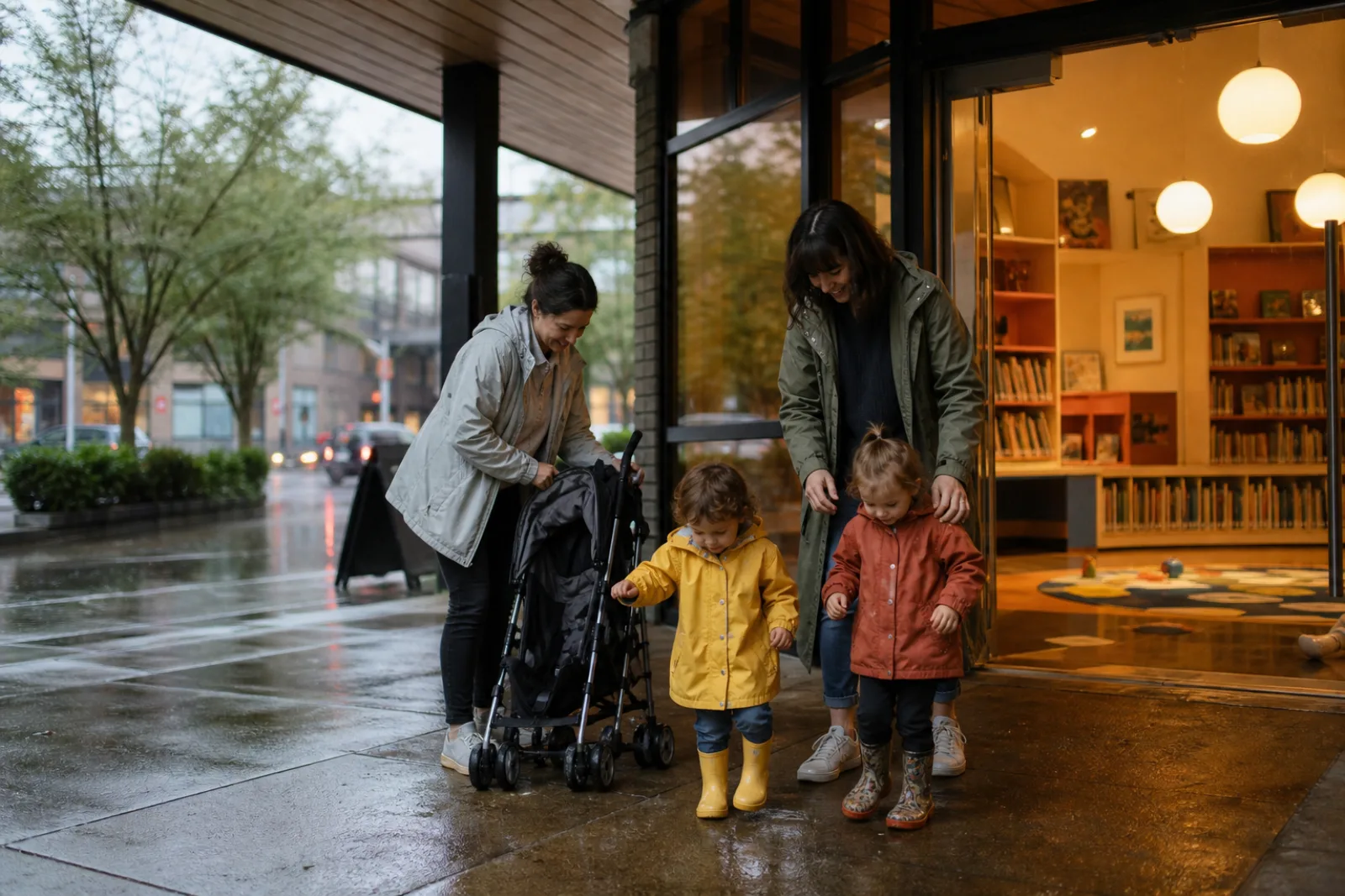 Two caregivers and toddlers arriving at a warm public library on a rainy day