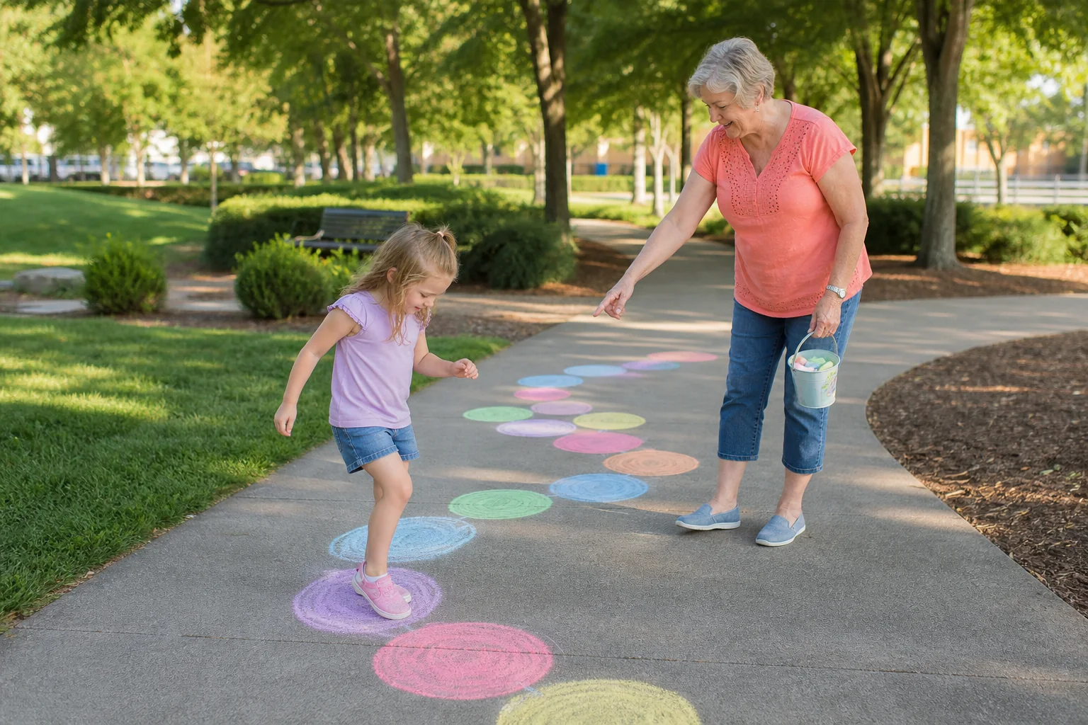 White American grandmother and her six-year-old granddaughter playing a color-path sidewalk chalk game in a neighborhood park