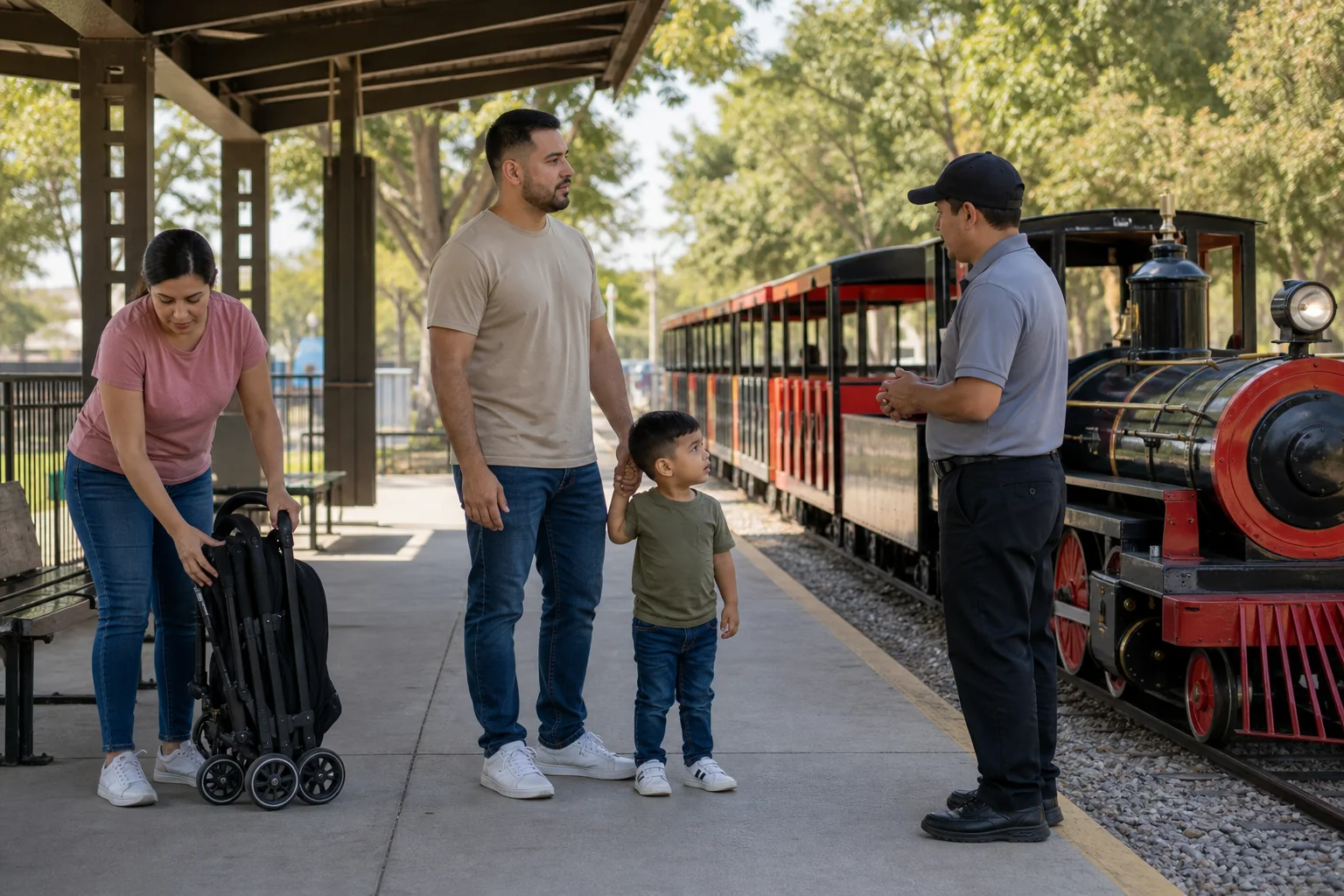 Mexican American parents and their three-year-old son preparing to board a miniature park train while folding a stroller