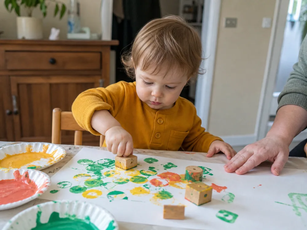 Two-year-old making colorful marks with chunky wooden stamps