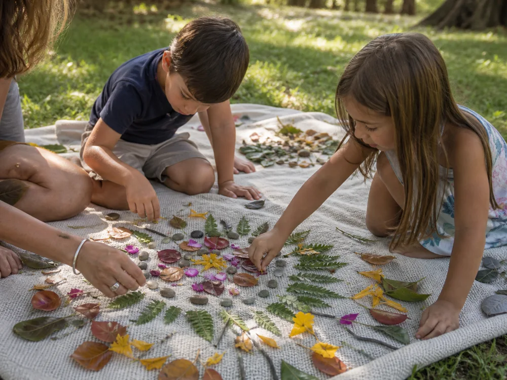 Children arranging leaves, petals and pebbles on a park blanket