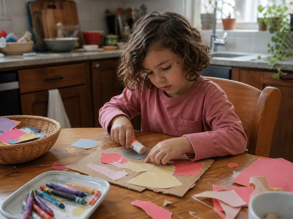 Preschooler making a collage with reused cardboard and torn paper