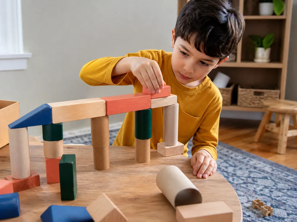 Child building a bridge from blocks and cardboard tubes indoors