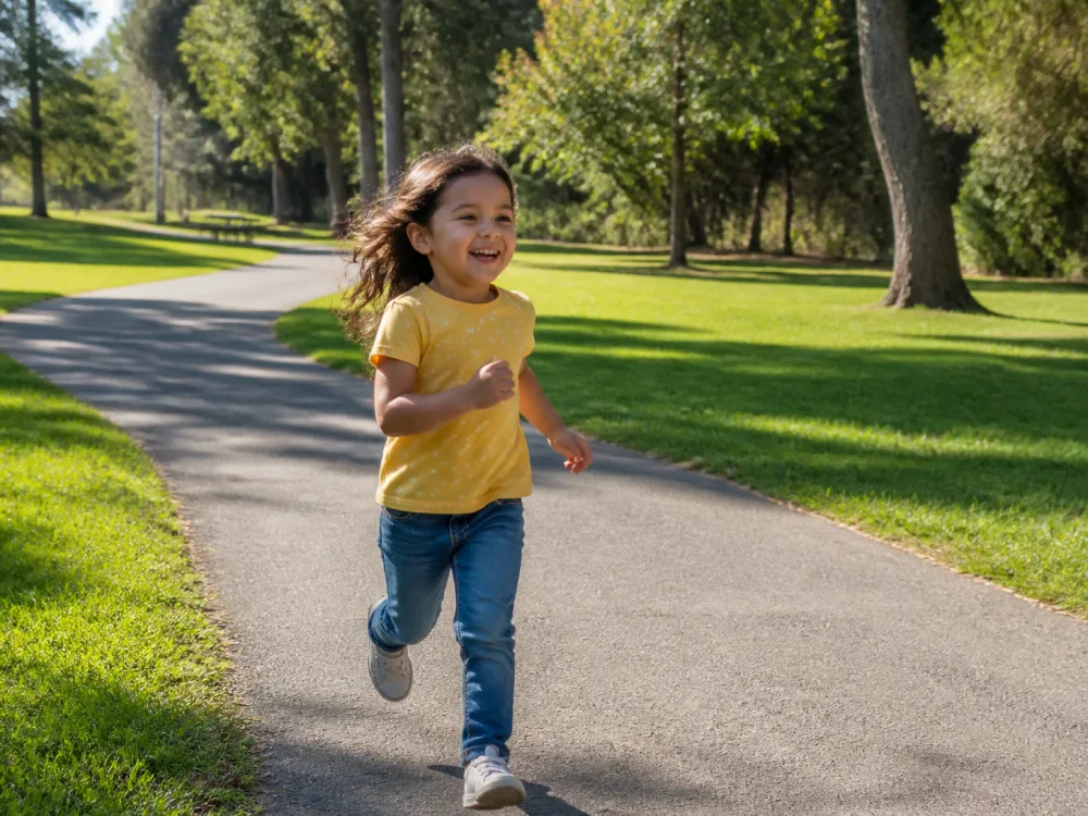 Young child running along a sunny neighborhood park path