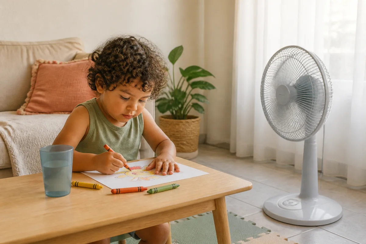 Toddler drawing at a table near a safely placed fan on a hot day