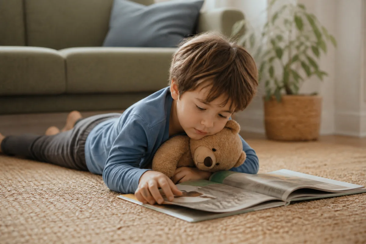Child resting with a picture book and a stuffed bear