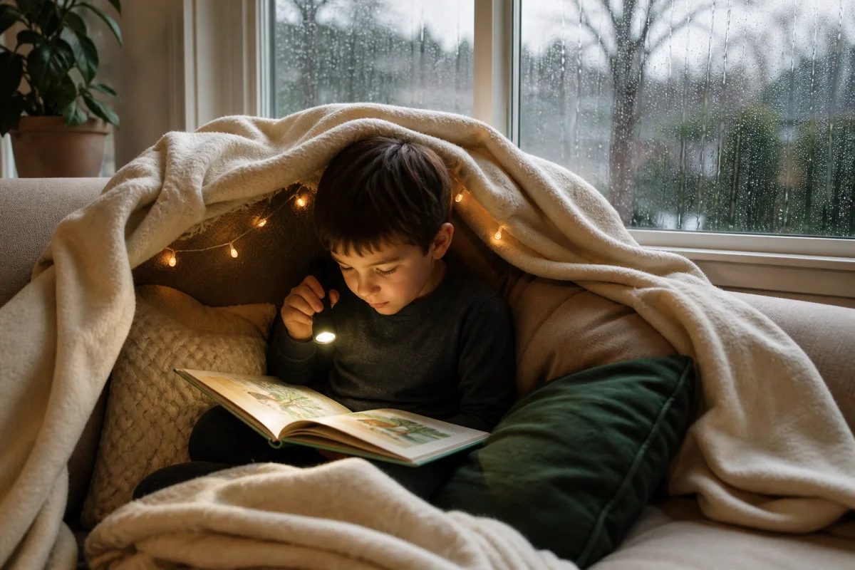 Young child reading in a blanket nook beside a rainy window