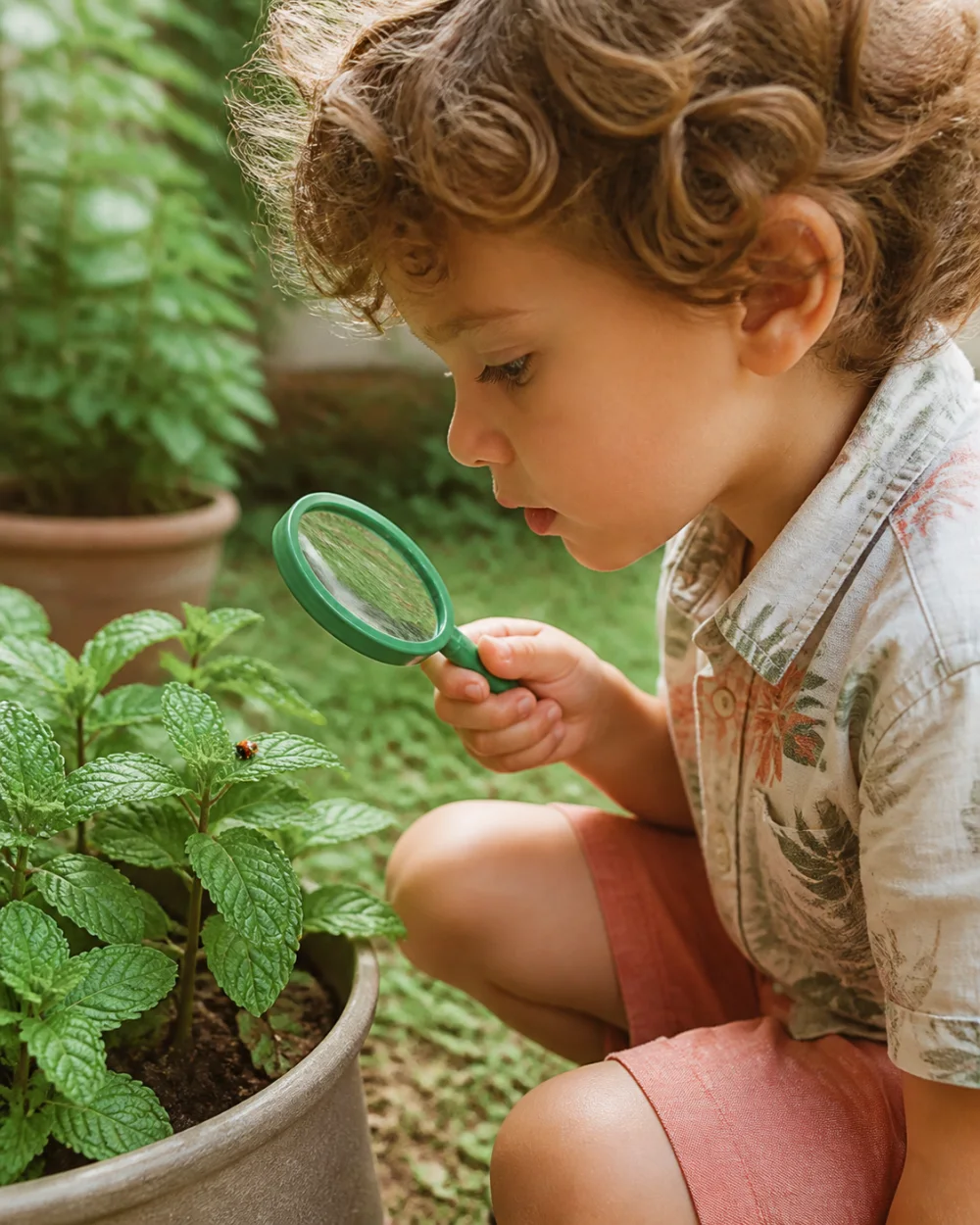 Child looking closely at a mint plant with a magnifying glass
