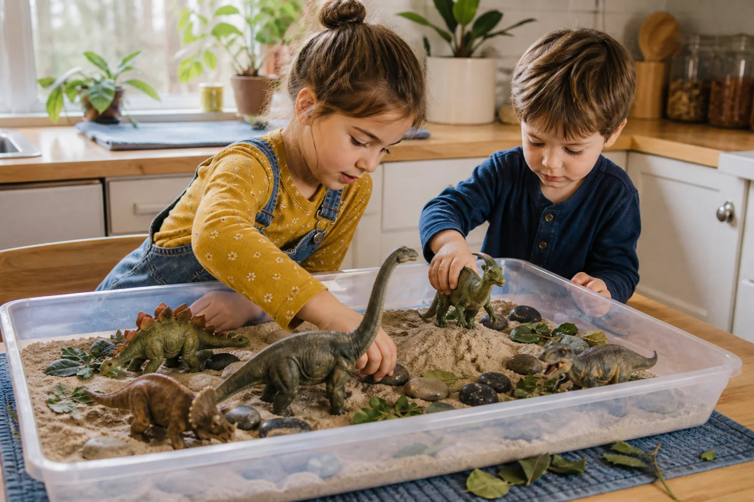 Two children sharing a dinosaur sensory bin at a kitchen table