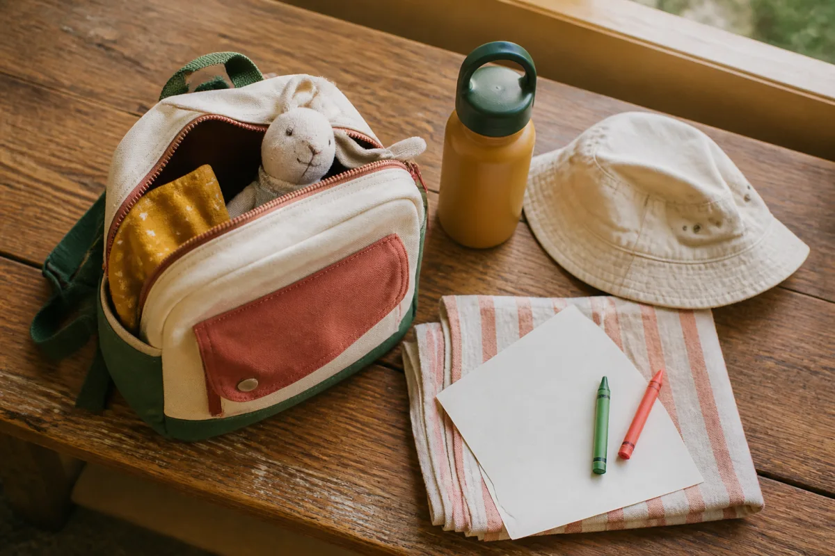 Child's backpack, water bottle, sun hat and activity card ready for an outing