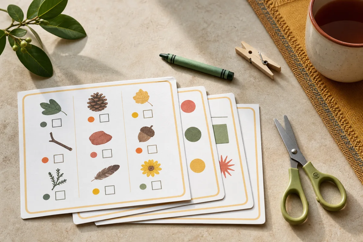Printable outdoor scavenger cards beside a crayon, scissors and leaves