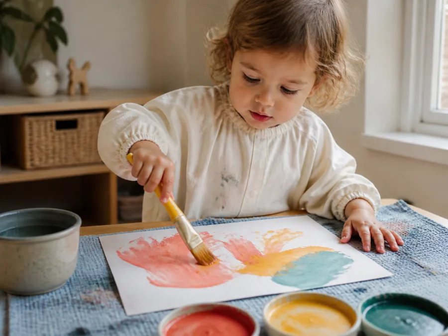 Two-year-old making broad watercolor marks at a child-height table
