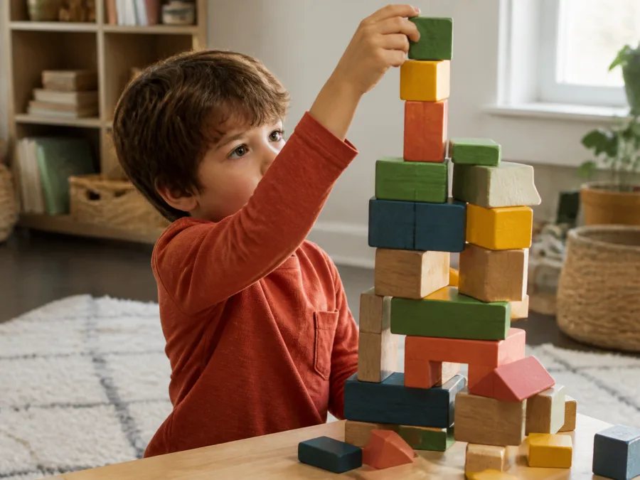 Child building a tall tower with colorful wooden blocks indoors
