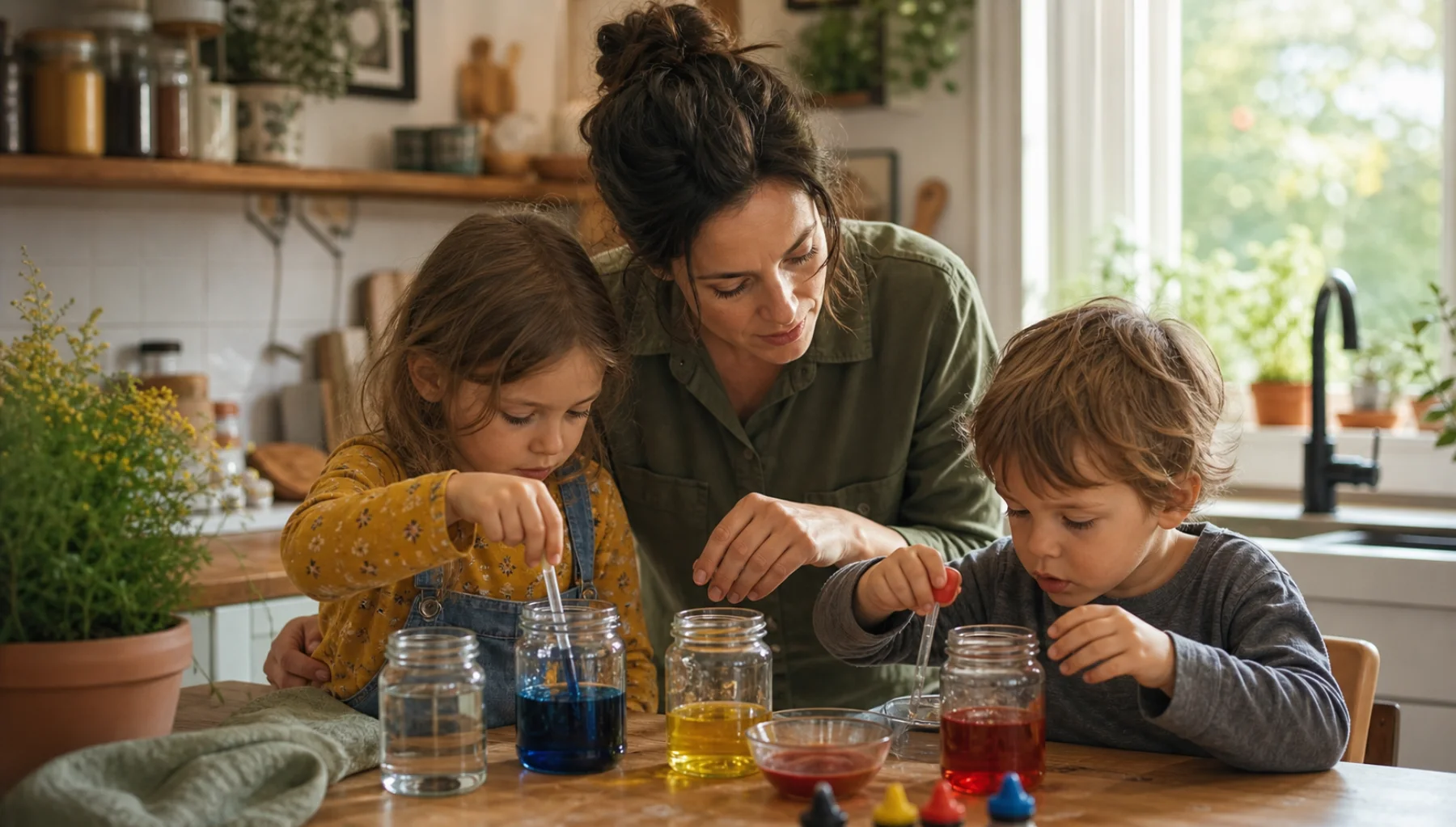 Mother and two children exploring colored water in glass jars at the kitchen table