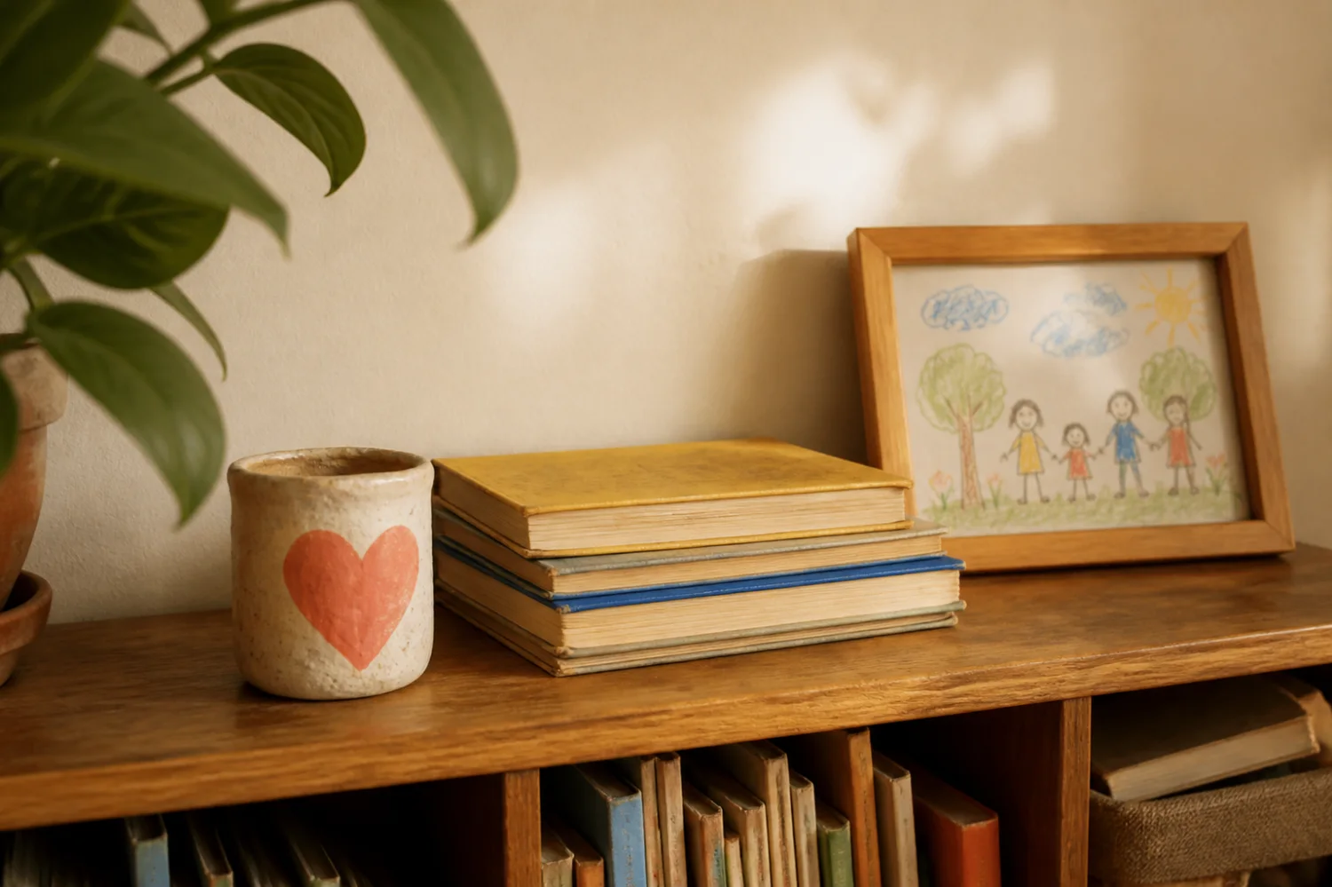 Children’s books, a handmade heart pot and a framed child drawing on a family shelf