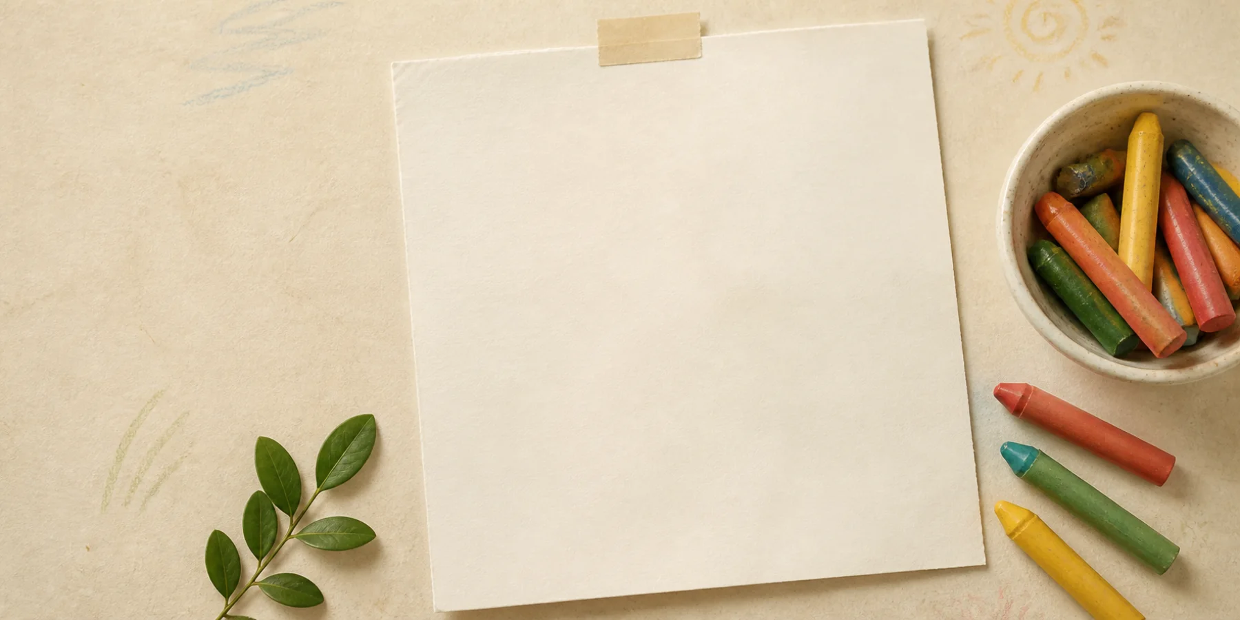 Blank activity sheet with crayons and a leafy sprig on a warm paper surface
