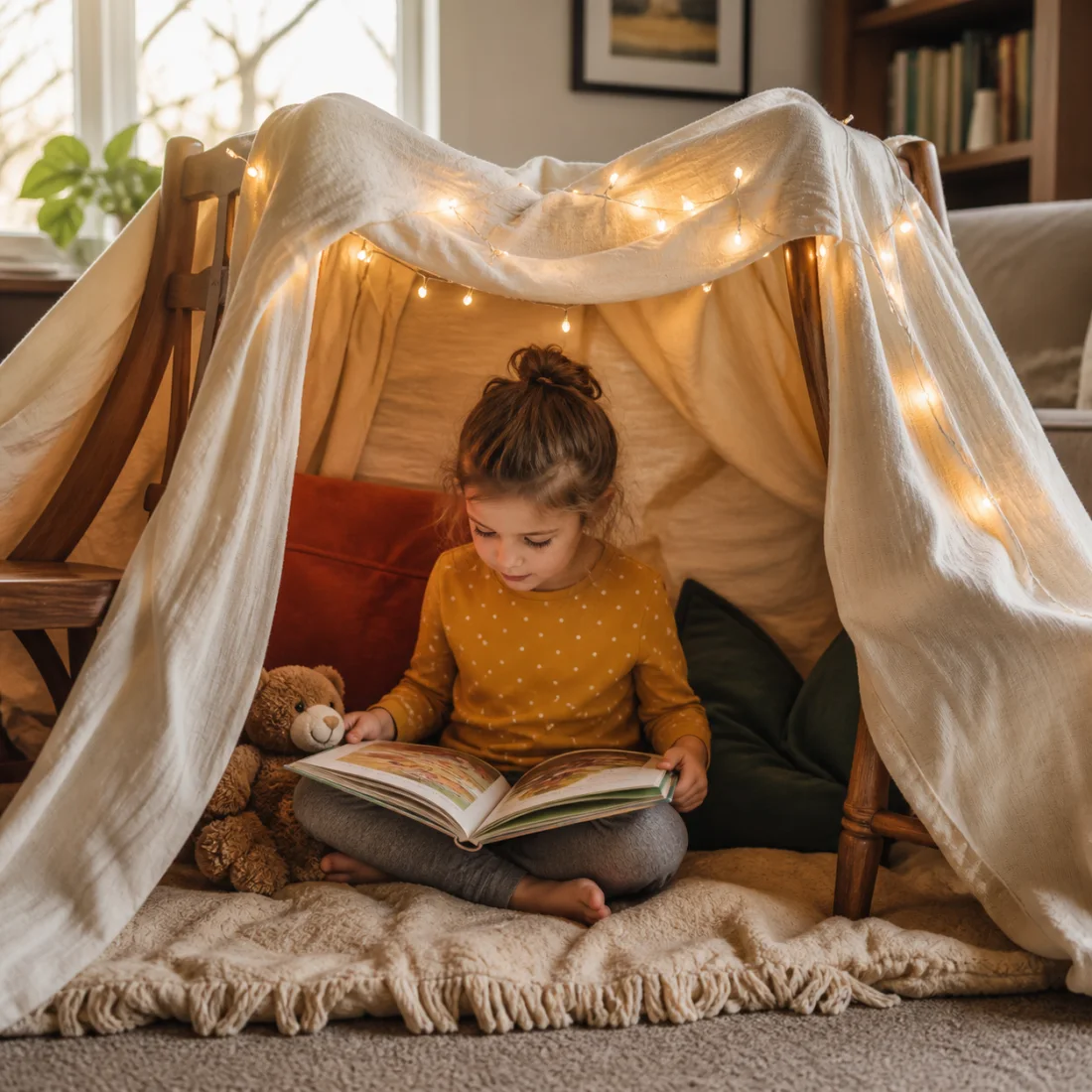 Child reading inside a simple blanket fort in a family living room