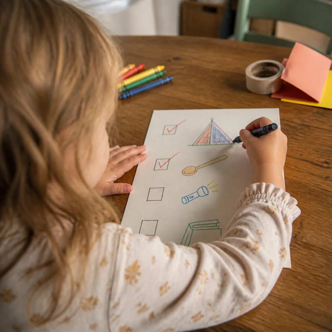Preschooler drawing on a homemade family activity sheet