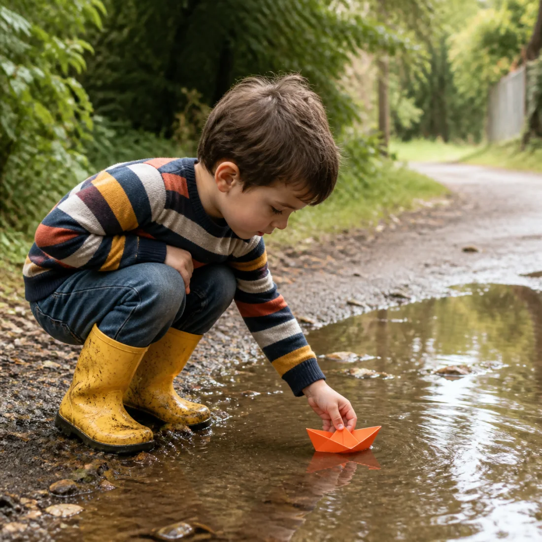 Child in yellow rain boots launching a paper boat in a shallow puddle