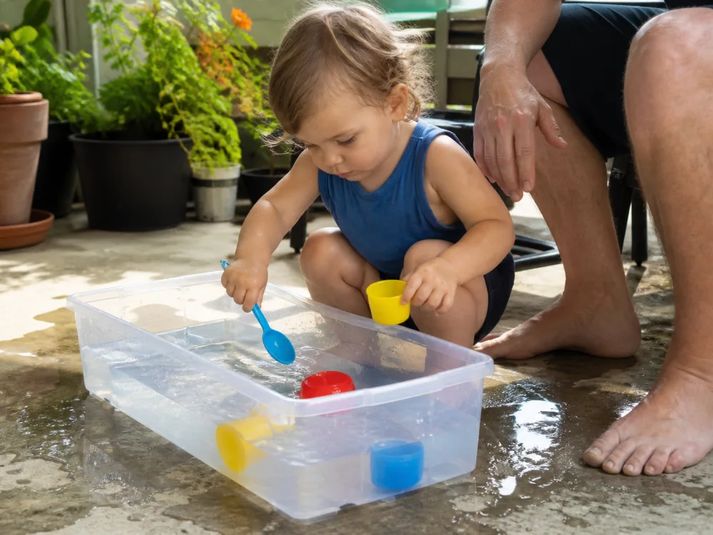 Toddler scooping cool water beside a supervising parent on a shaded patio