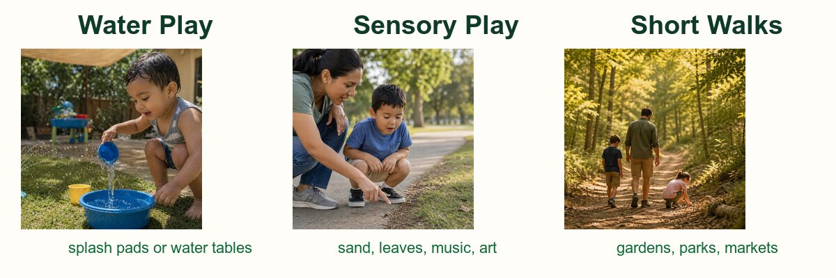 Water play, sand play, and short walks for 2-year-old outings