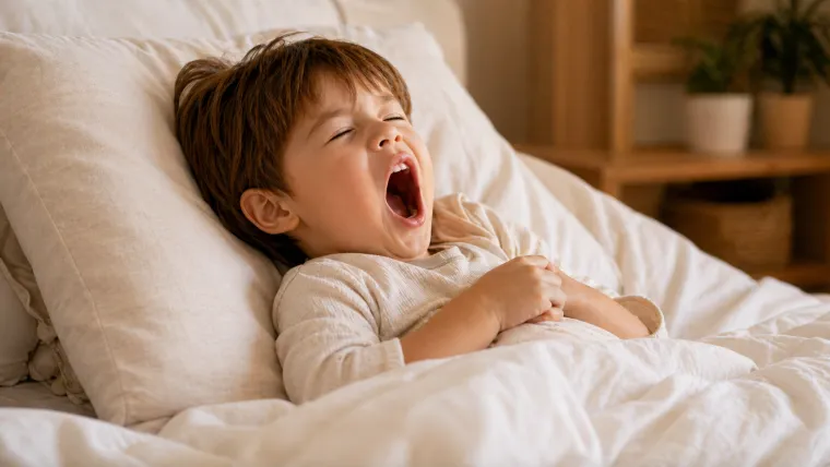 Child yawning in bed after waking up from a nap