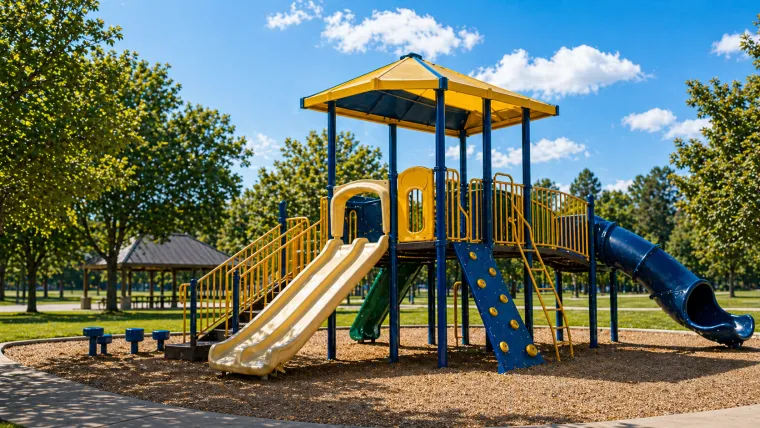 Sunny playground with yellow and blue play equipment