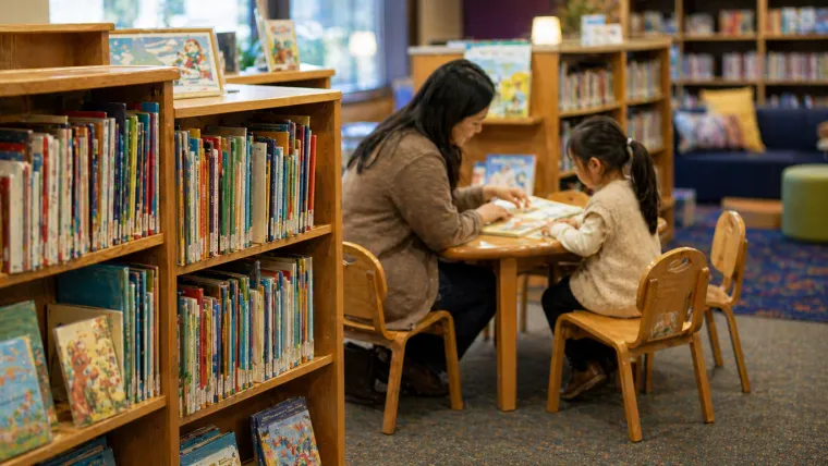 Child and adult reading together at a public library children's room