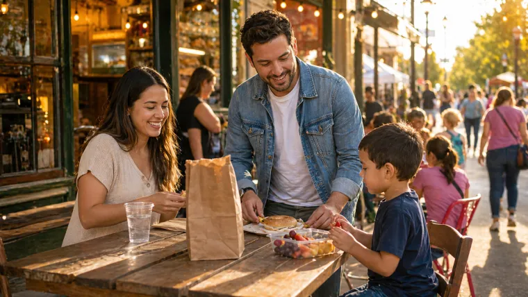 Family sharing a simple snack at an outdoor table