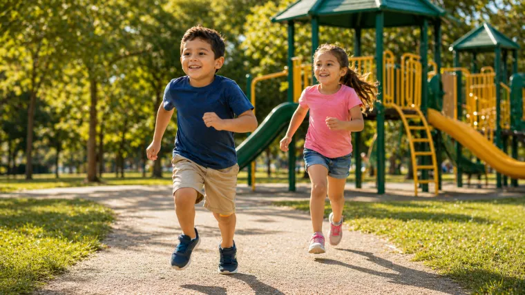 Children running near a sunny playground