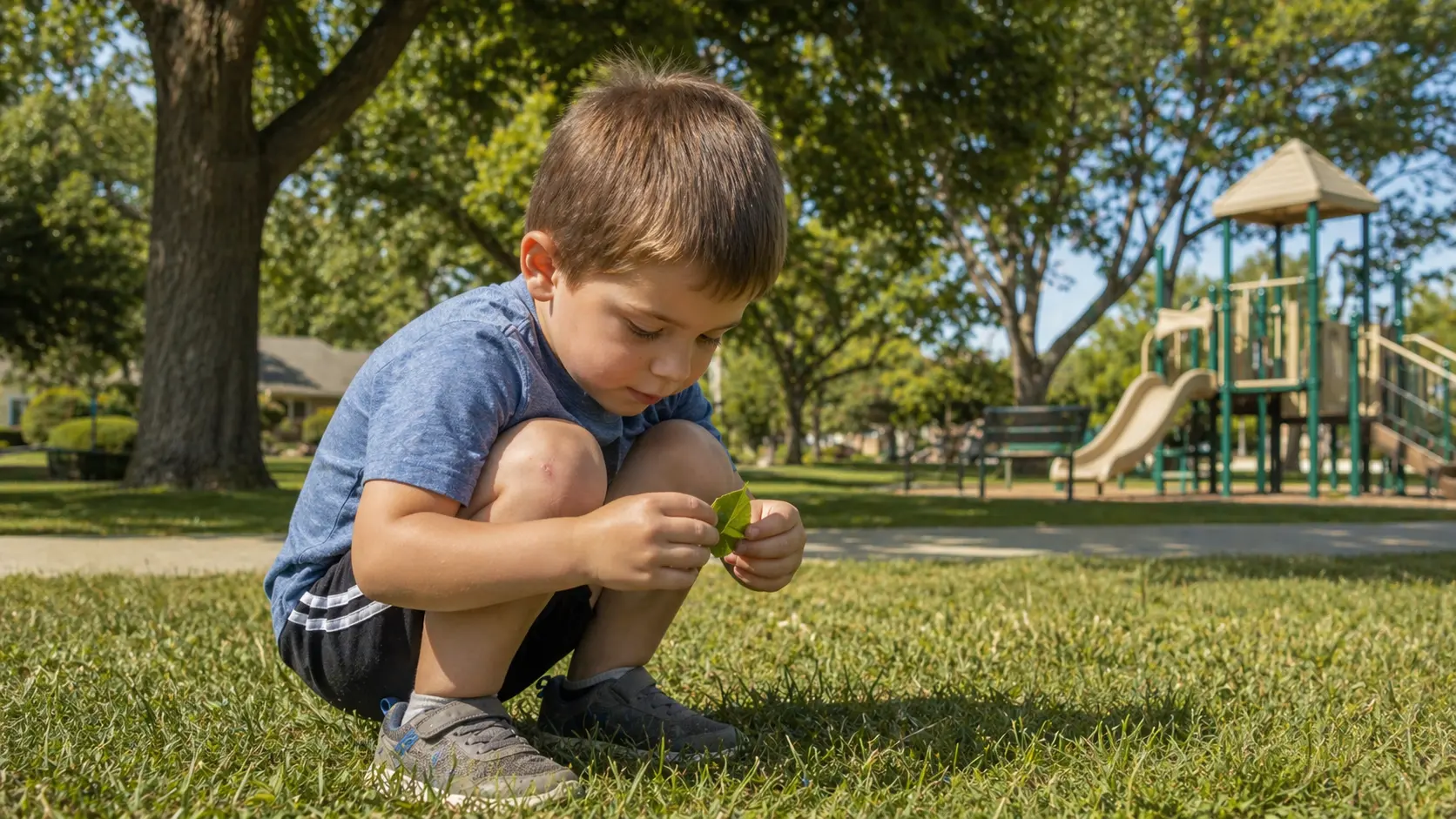 Preschooler exploring nature on the grass at a local park in the United States