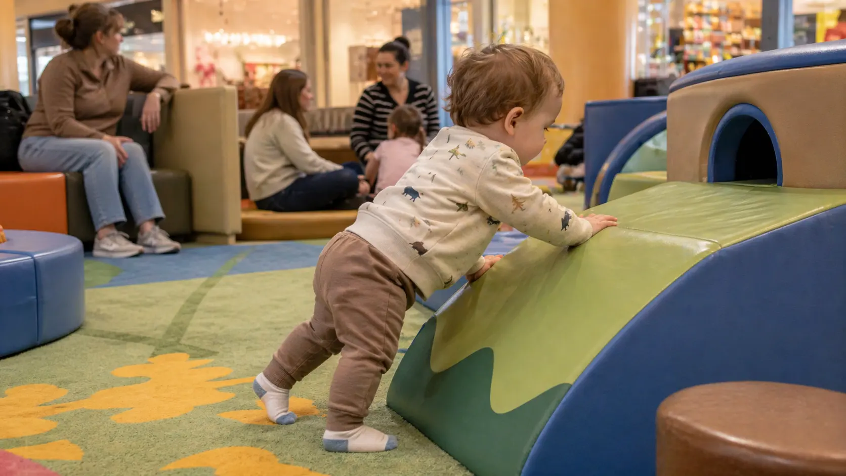 Toddler playing at a free indoor mall play area in the United States