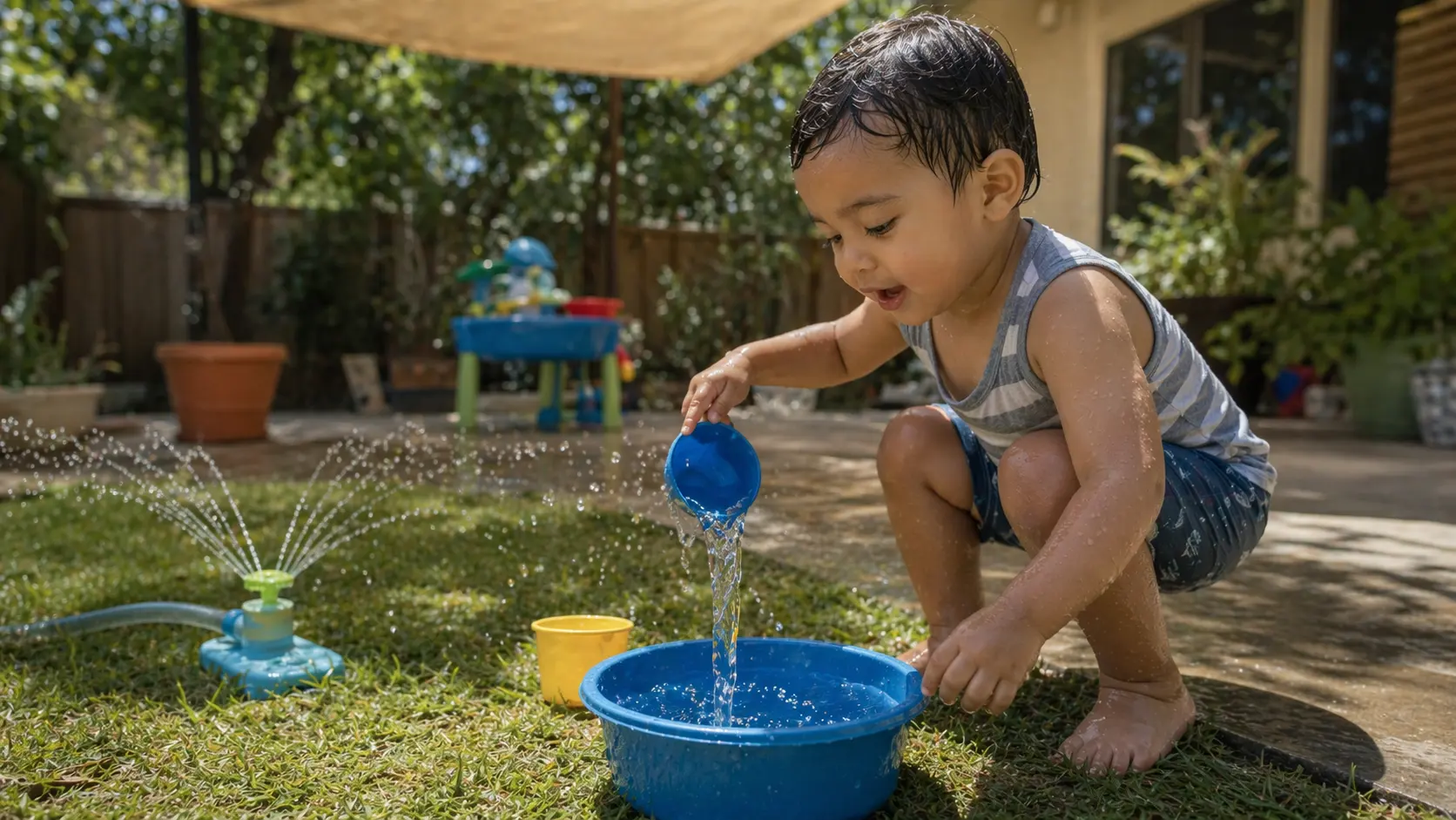 Toddler playing with water in a shaded backyard on a hot summer day